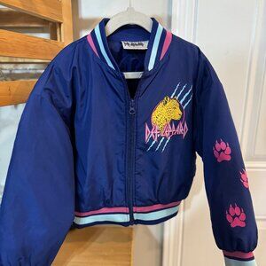 Def Leppard Kids Cropped Bomber Jacket Leopard Graphic Blue Girls 6/6X